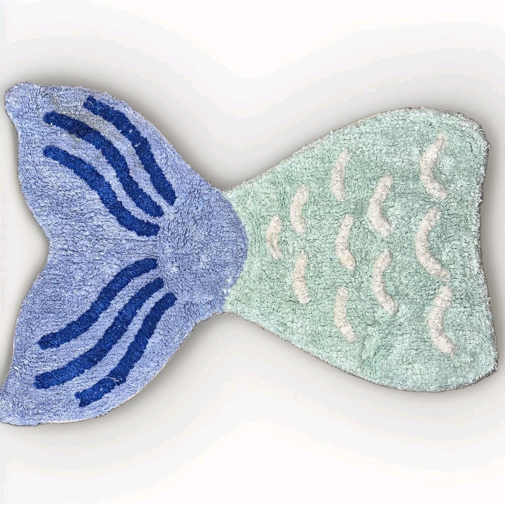 Tiny Dreamers Kids Mermaid Tail Bath Mat 30x21 Blue/Green/Pink Cotton Non-Slip